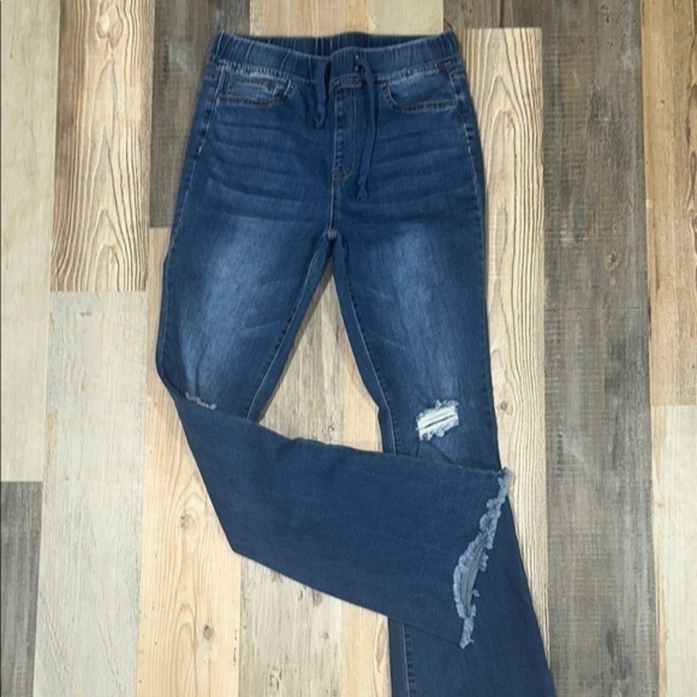 YMI Blue Flare Wide Leg Jeans with Distressed Design